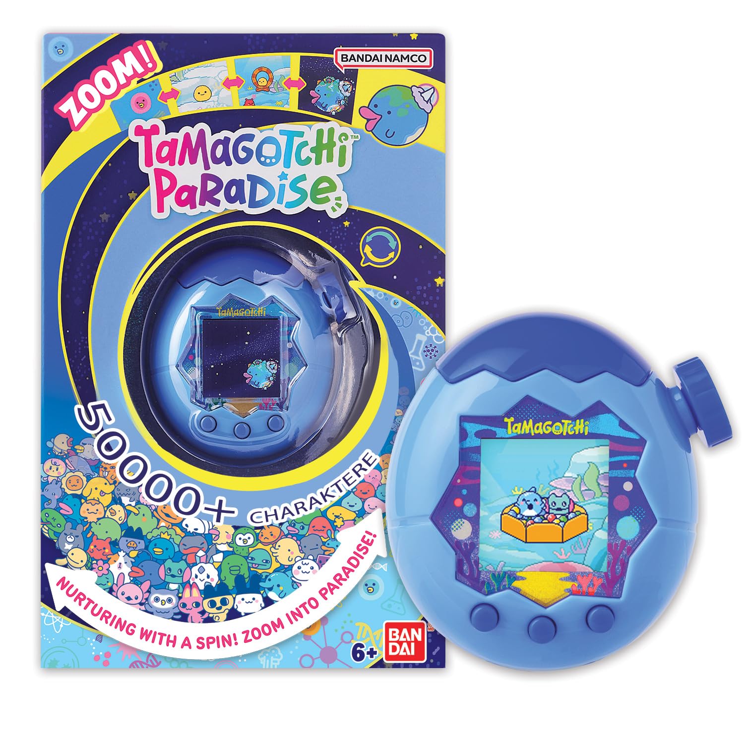 Bandai Tamagotchi Paradise Wasser Virtuelles Haustier Deutsch Blau. Blaues, eiförmiges Handheld zur Pflege virtueller Haustiere.