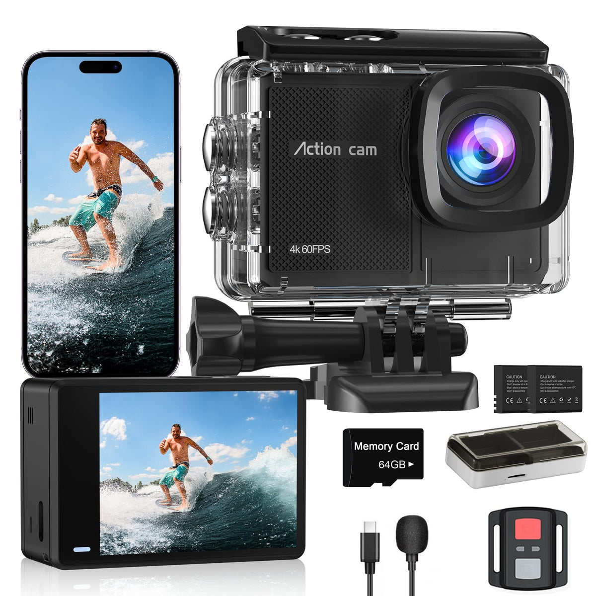 Camlance Action Cam 4K 60FPS wasserdicht mit 64 GB Karte und Zubehör, Unterwasserkamera bis 40 m mit Helmhalterung