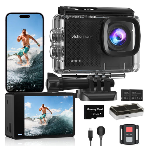 Camlance Action Cam 4K 60FPS wasserdicht mit 64 GB Karte und Zubehör, Unterwasserkamera bis 40 m mit Helmhalterung