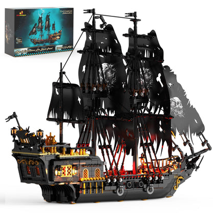 JMBricklayer Piratenschiff Klemmbausteine 40002 mit LED, 1713 Teile – dunkler Rumpf mit Segeln