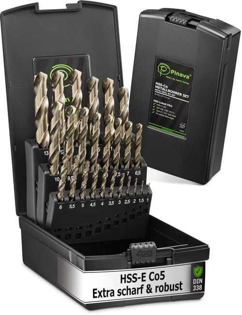 Pinava® HSS Cobalt Pro Edelstahlbohrer Set - 25tlg. 1-13mm, metallische Bohrer. Zum präzisen Bohren in Edelstahl.