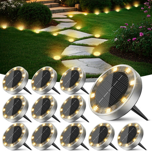 Peasur Solar Bodenleuchten Aussen 12 Stück, 8 LED, warmweiss – mit Erdspiess aus Edelstahl und Kunststoff