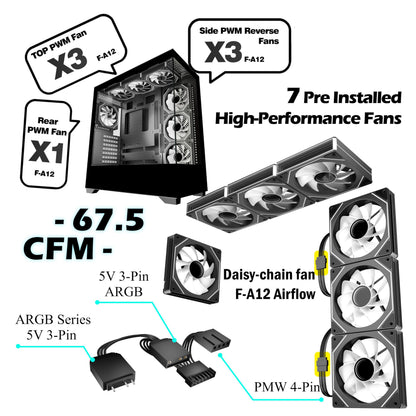 KEDIERS P4 ARGB PC-Gehäuse ATX Mid Tower, 7 PWM-ARGB-Lüfter, schwarz