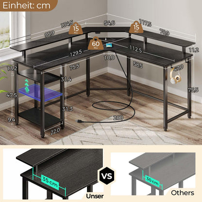 Rolanstar L-Form Schreibtisch RGB-LED, Steckdosen 117 cm