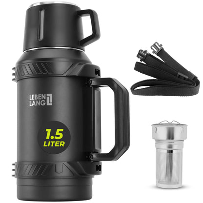 LEBENLANG Thermosflasche 1,5 Liter Edelstahl mit Becher und Teesieb, Isolierflasche mit Tragegriff