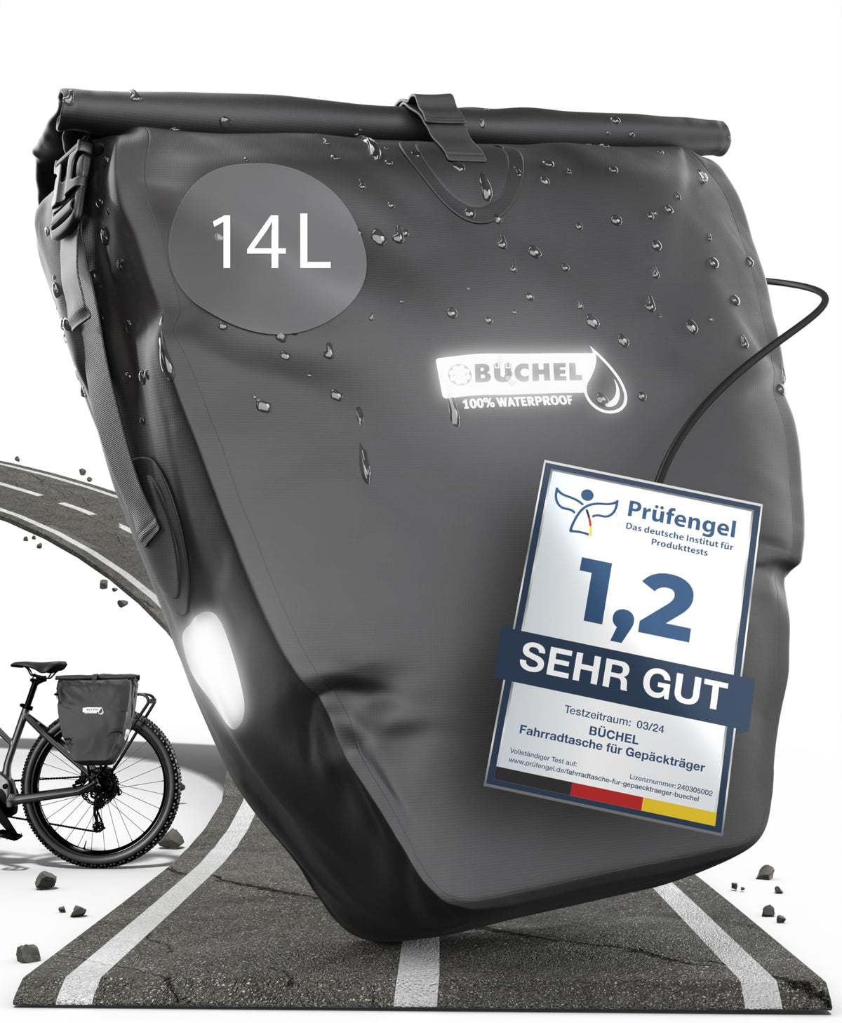 Büchel Gepäckträgertasche 2er-Set, 14 L, wasserdicht, schwarz mit Reflektoren und Tragegriff