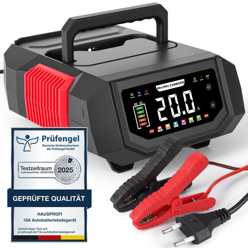 HAUSPROFI Autobatterie Ladegerät 12V/24V 20A mit Reparaturmodus, Farbdisplay und zwei Anschlusskabeln