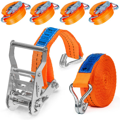 INTAKO Spanngurte mit Ratsche und Haken, 4er-Set, 6 m, 2000 kg – oranges Gurtband, 35 mm breit, zur Ladungssicherung