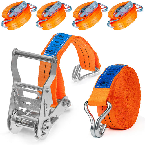 INTAKO Spanngurte mit Ratsche und Haken, 4er-Set, 6 m, 2000 kg – oranges Gurtband, 35 mm breit, zur Ladungssicherung