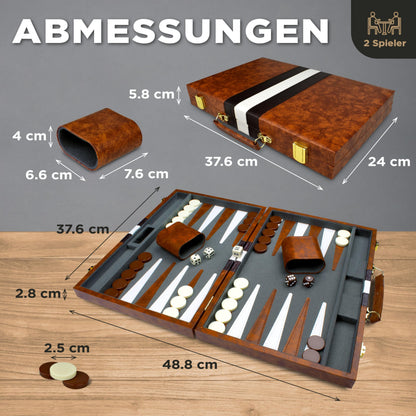 Queensell Backgammon Set 38 cm, Brettspiel im PU-Leder-Etui