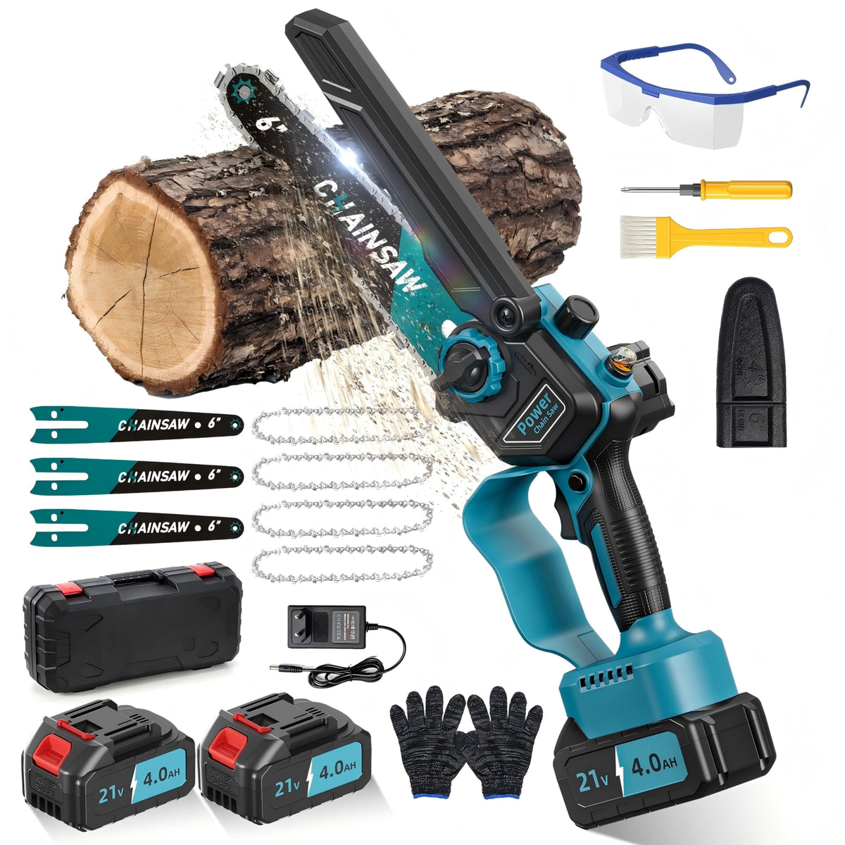 VIWKO Mini Kettensäge FT5 mit 2 Akkus, 6 Zoll, bürstenlos, kompakte Einhand-Säge für Ast- und Holzschnitt