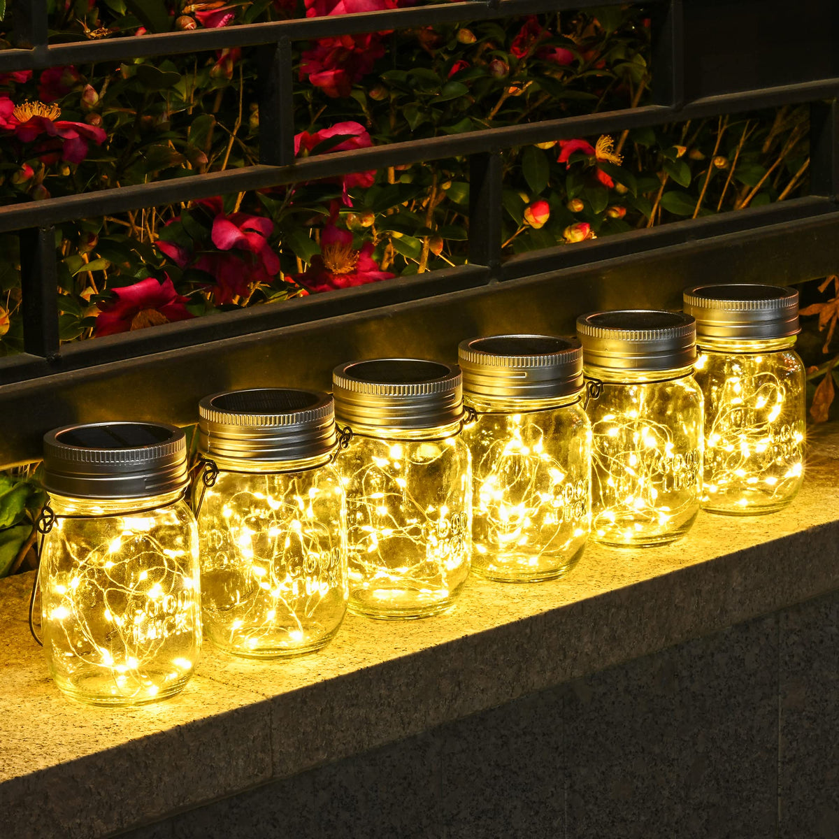 Solpex Solarlaterne Einmachglas mit 180 LED Lichterkette, 6er-Set, hängende Glaslaterne für Garten und Balkon