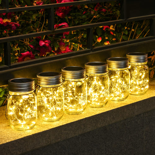 Solpex Solarlaterne Einmachglas mit 180 LED Lichterkette, 6er-Set, hängende Glaslaterne für Garten und Balkon