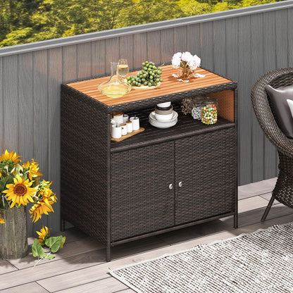 COSTWAY Gartenschrank Rattan mit Akazienholz-Arbeitsplatte, Braun