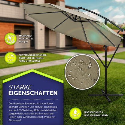 tillvex Ampelschirm Aluminium Ø 350 cm mit Kurbel, Abdeckung, braun
