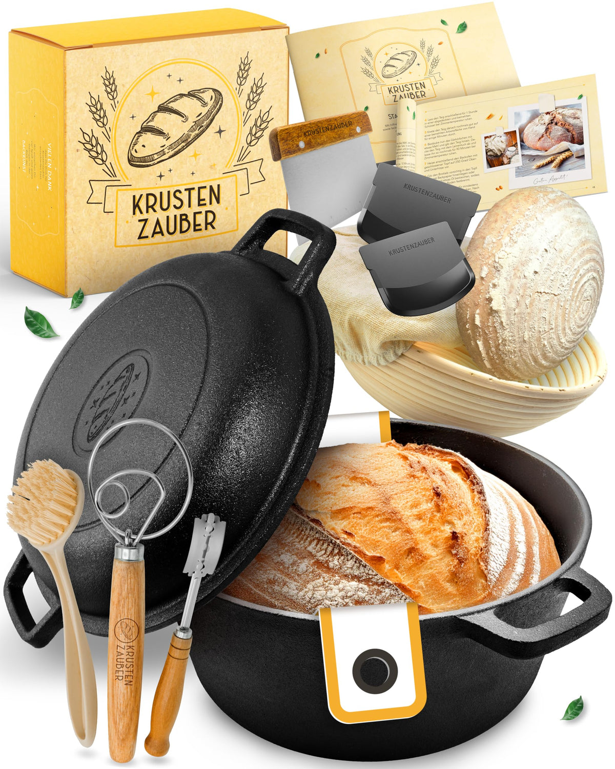 KRUSTENZAUBER Gusseisen Topf für Brotback-Set mit Deckel XXL. Schwarzer Gusseisentopf mit Deckel für gleichmäßiges Backen von Brot.