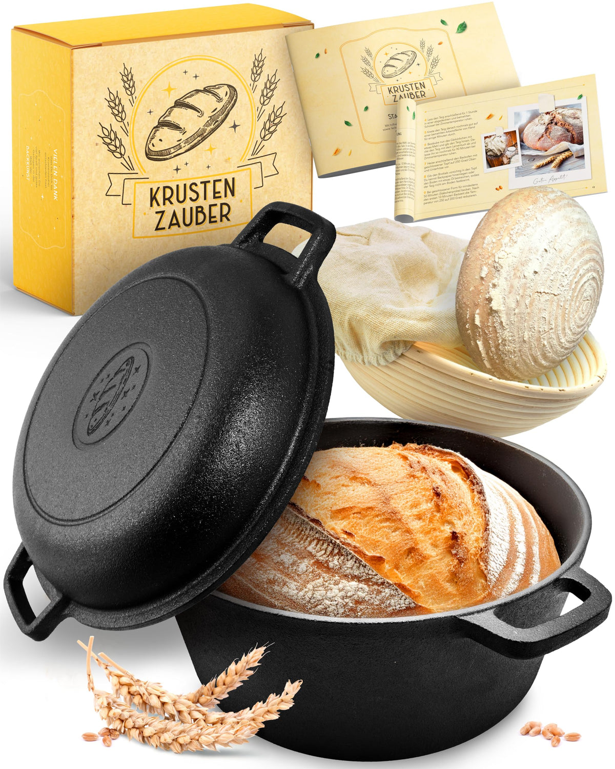 KRUSTENZAUBER Gusseisen Brotbacktopf 26cm – Inkl. Gärkorb. Runder, schwarzer Gusseisentopf; zum Backen knuspriger Brote im Ofen. Gärkorb für Teiggärung.