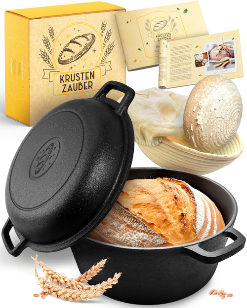 KRUSTENZAUBER Gusseisen Brotbacktopf 26cm – Inkl. Gärkorb. Runder, schwarzer Gusseisentopf; zum Backen knuspriger Brote im Ofen. Gärkorb für Teiggärung.