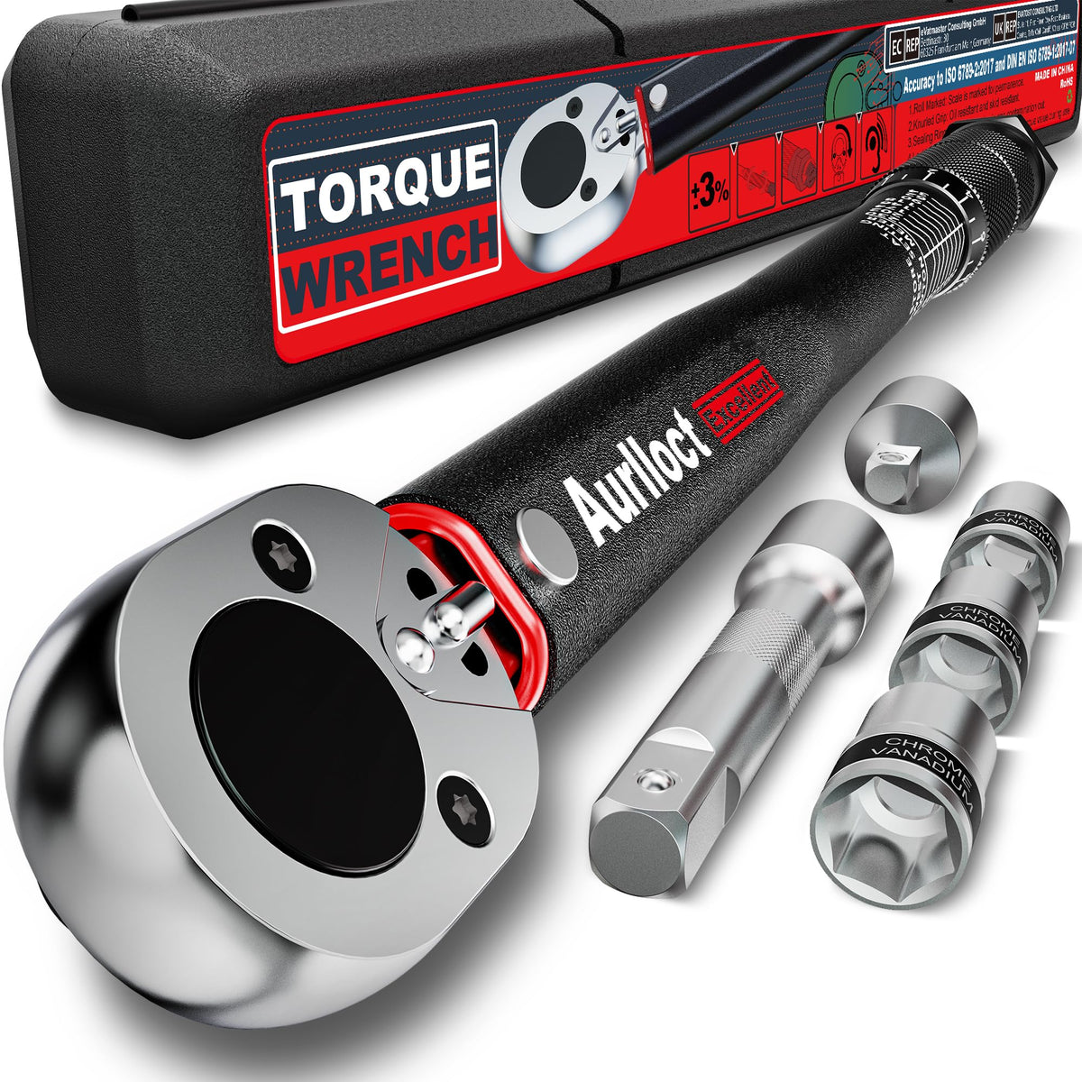 Aurlloct Drehmomentschlüssel Set 1/2" 20-230 Nm, 6-teilig, DET705 – schwarz satiniert, mit Stecknüssen und Verlängerung