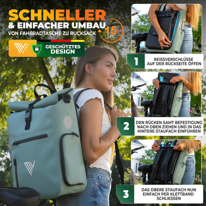 MIVELO 3in1 Fahrradtasche Rucksack Gepäckträger - Mint