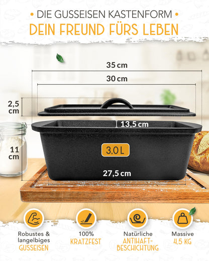 KRUSTENZAUBER Gusseisen Brotbackform mit Deckel, rechteckig, 28 cm