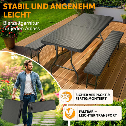 Blumtal Bierzeltgarnitur 3er Set klappbar, Rattan-Optik, schwarz