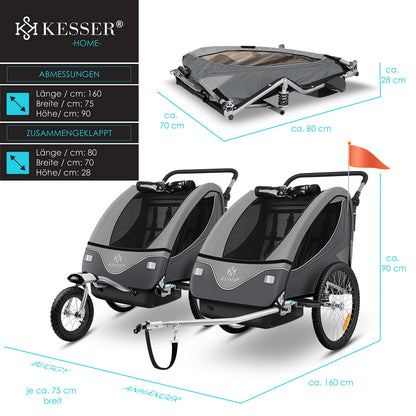 KESSER Kinder Fahrradanhänger 2in1 Jogger – 1-2 Kinder Hellgrau