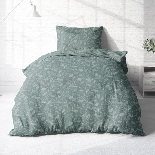 Träumschön Biber Bettwäsche Set. Grüne Biberbettwäsche (135x200) mit Blumen-Ranken-Muster zum Beziehen einer Bettdecke.