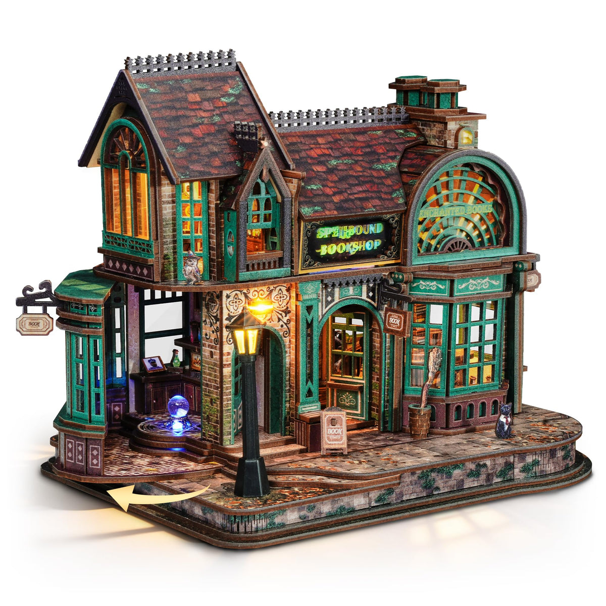 FUNPOLA 3D Holzpuzzle Magischer Buchladen mit LED, Miniatur-Bausatz – aufklappbare Holzszene mit Beleuchtung