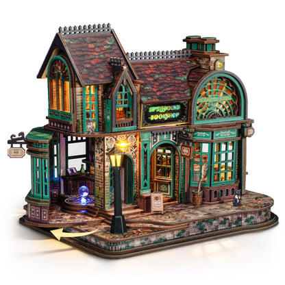 FUNPOLA 3D Holzpuzzle Magischer Buchladen mit LED, Miniatur-Bausatz – aufklappbare Holzszene mit Beleuchtung