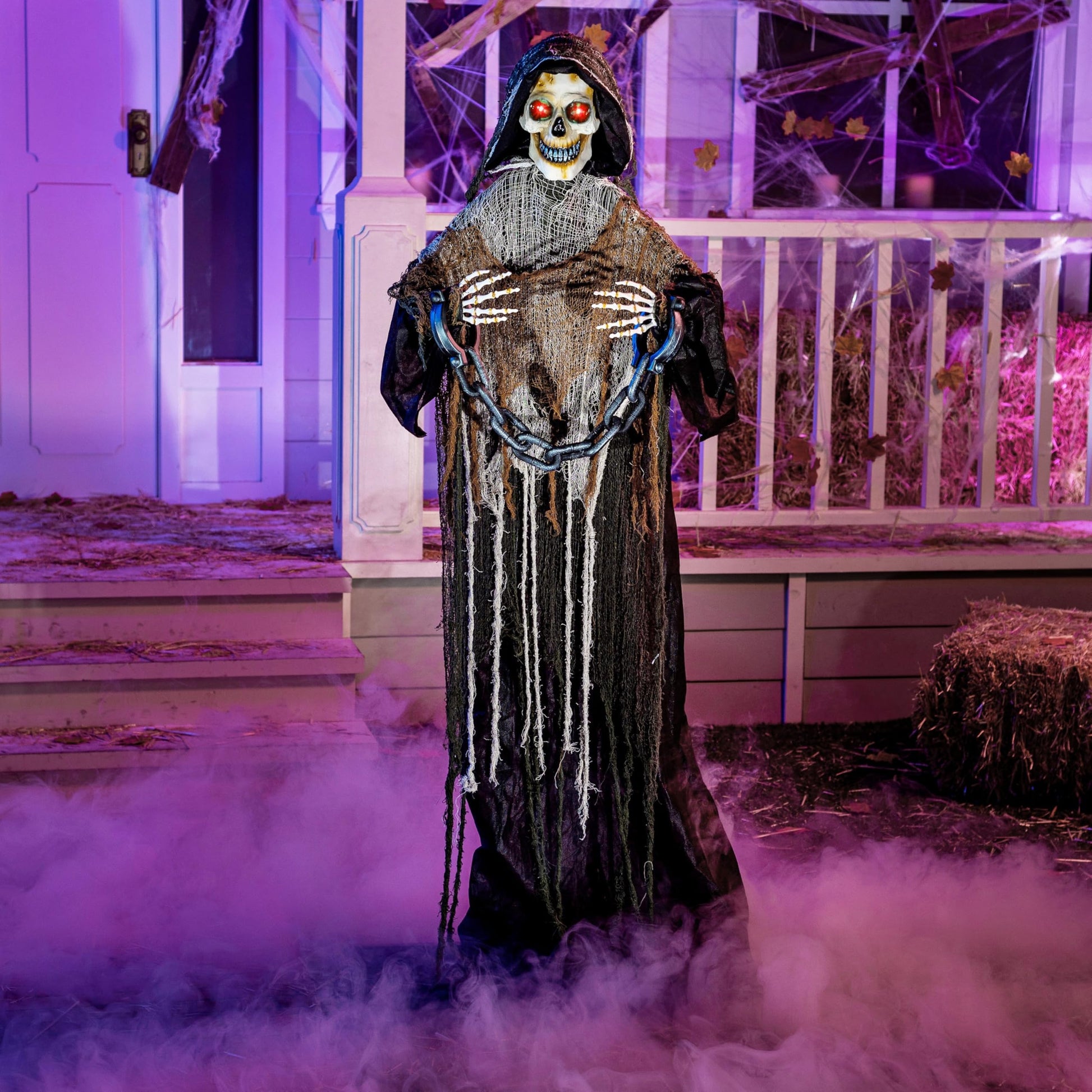 JOYIN Sensenmann Dekoration Animiert 175cm - Sound & Leuchtaugen. Gruselige, schwarze Halloween-Figur mit Bewegung und Geräuschen.