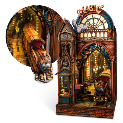 FUNPOLA Magische Station LED 3D Holzpuzzle Book Nook Kit. Rechteckiges Holzpuzzle in Naturfarbe. Erstellt eine Miniaturszene mit LED-Beleuchtung.