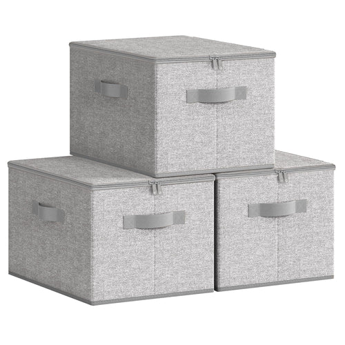 SONGMICS Aufbewahrungsbox mit Deckel, 3er Set, faltbar, taubengrau – Stoffboxen aus Vliesstoff mit Griffen