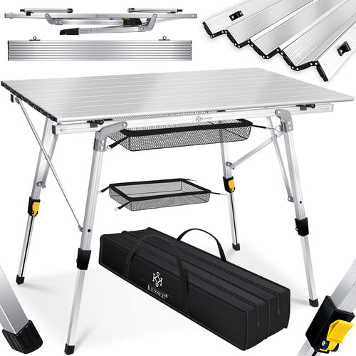 KESSER Camping Falttisch aufrollbar 120x70cm - Silber. Rechteckiger, silberner Tisch mit aufrollbarer Tischplatte für Outdoor-Einsatz.