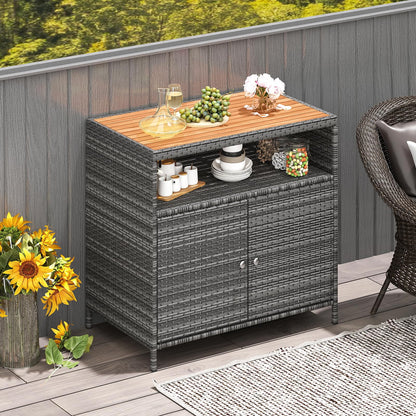 COSTWAY Gartenschrank Rattan mit Akazienholz-Arbeitsplatte, Grau