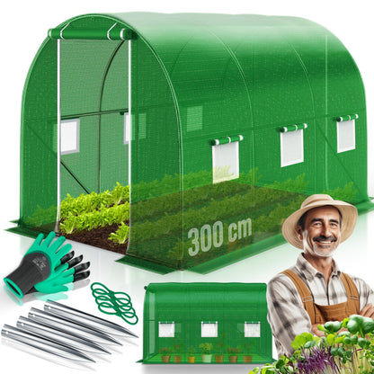KESSER Folien-Gewächshaus 200x300 cm mit Stahlrahmen, Grün – grüne Gitterfolie, 6 Fenster mit Moskitonetz