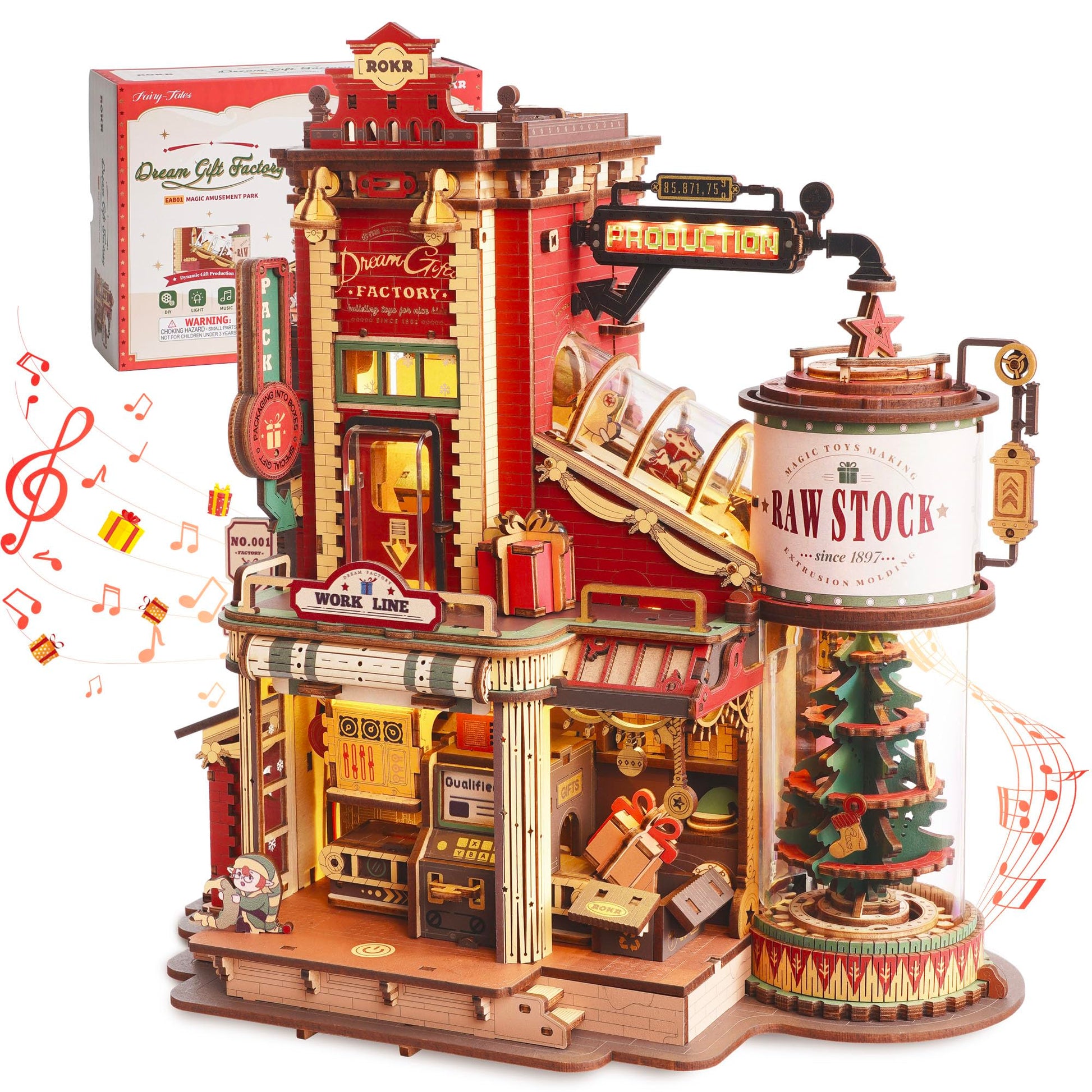 ROKR Gift Factory 3D Holzpuzzle Spieluhr Modellbausatz - EAB01: Braunes Holzmodell einer Fabrik mit beweglichen Teilen; selbstbaubare, mechanische Spieluhr.