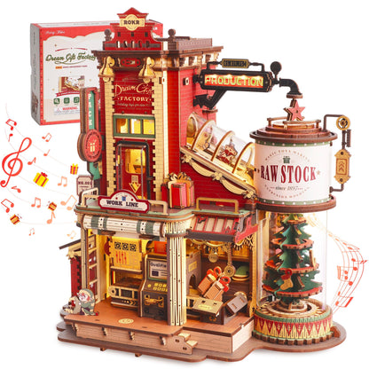 ROKR Gift Factory 3D Holzpuzzle Spieluhr Modellbausatz - EAB01: Braunes Holzmodell einer Fabrik mit beweglichen Teilen; selbstbaubare, mechanische Spieluhr.