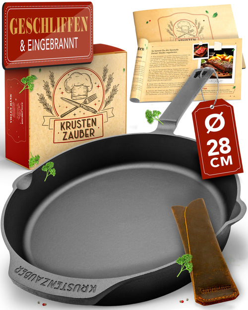 KRUSTENZAUBER Gusseisenpfanne Induktion geschliffen - 28cm. Runde, dunkle Pfanne zum scharfen Anbraten von Speisen.