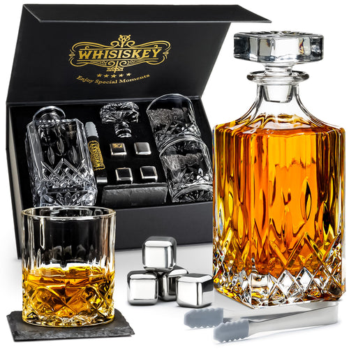 Whisiskey Whiskey Karaffe Set mit 2 Gläsern und 4 Whisky Steinen