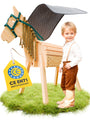 FRIEDO Holzpferd Gartenpferd - Höhenverstellbar mit Sattel & Geschirr. Braunes Holzpferd zum Spielen im Garten.