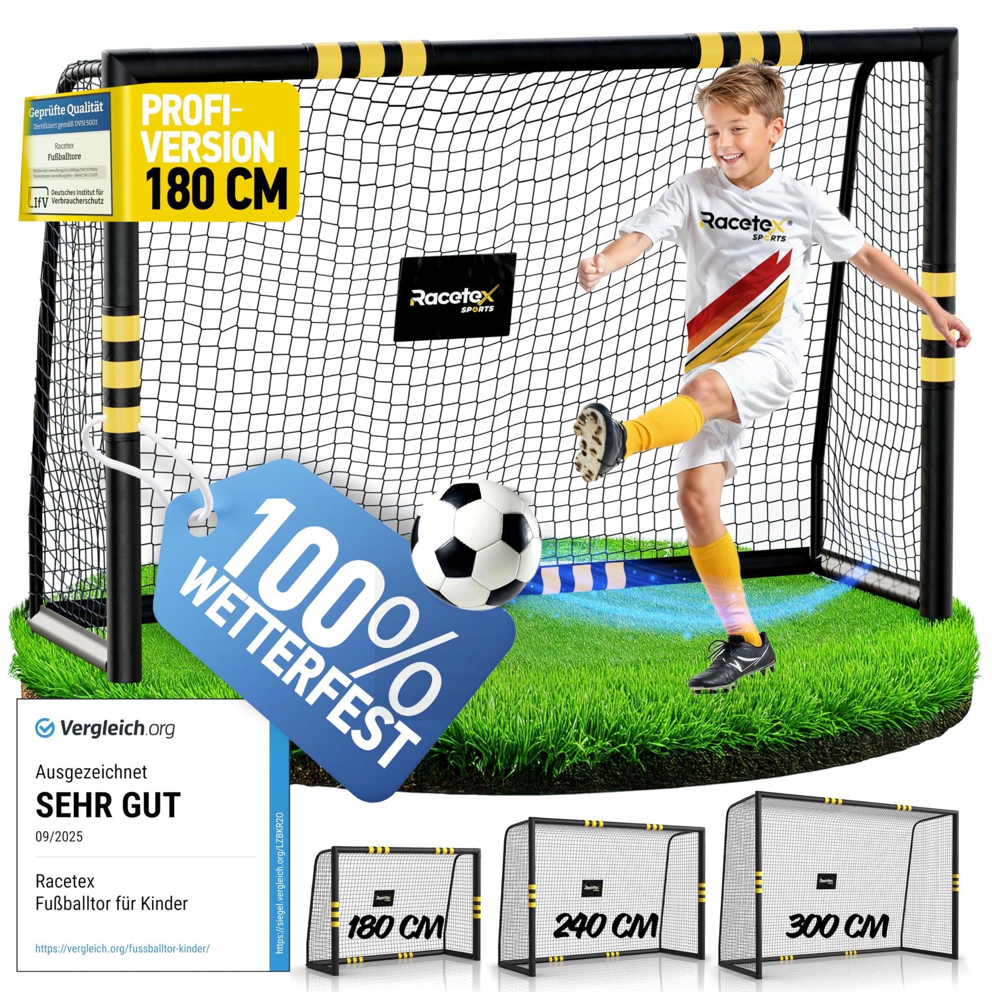 Racetex Fussballtor für Garten Kinder Erwachsene - 180x120cm: Weißes Fussballtor mit rechteckigem Rahmen und Netz zum Fussballspielen im Garten.