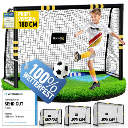 Racetex Fussballtor für Garten Kinder Erwachsene - 180x120cm: Weißes Fussballtor mit rechteckigem Rahmen und Netz zum Fussballspielen im Garten.