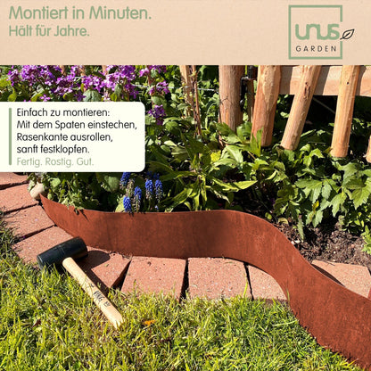 UNUS Rasenkante aus Metall, 10 m, Rostoptik, 10 cm hoch, wetterfest