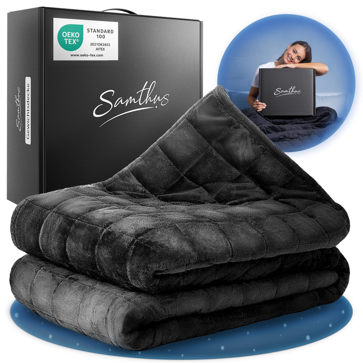 Samthus Gewichtsdecke Sherpa Fleece 135x200cm 8kg - Schwarz. Schwarze Gewichtsdecke aus Sherpa Fleece für Beruhigung und Schlaf.
