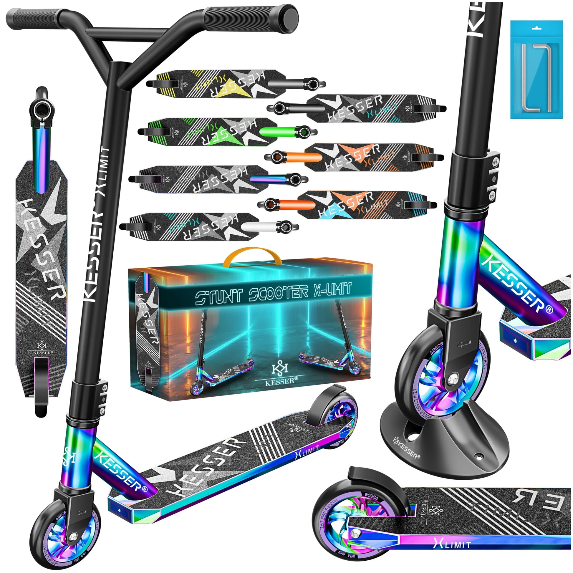 KESSER® Stunt Scooter X-Limit Stuntscooter - Rainbow. Robuster, regenbogenfarbener Stuntscooter, ideal für Tricks und Sprünge.