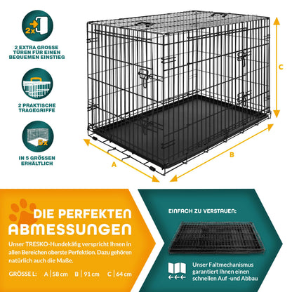 TRESKO Hundekäfig faltbar mit 2 Türen Transportbox – 91x58x64 cm