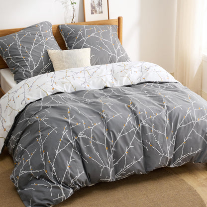 BEDSURE Bettwäsche-Set 220x240 cm Baumwolle Grau 3-teilig mit Zweige-Muster