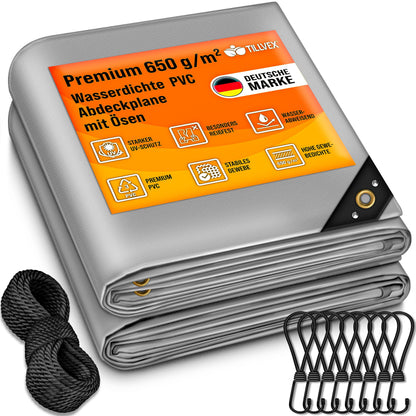 tillvex Gewebeplane PVC 650g/m² wasserdicht - grau 3x4m. Rechteckige, graue PVC-Plane zum Schutz vor Wasser und Witterung.