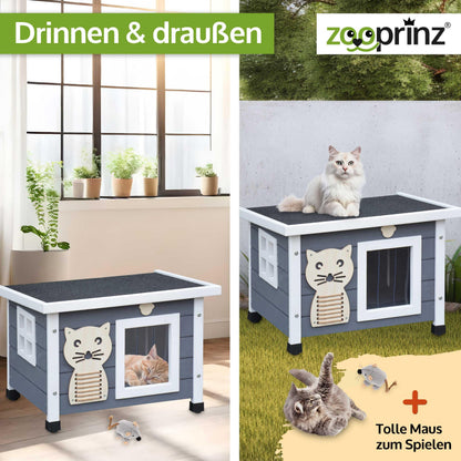 zooprinz Katzenhaus aus Holz wetterfest mit Klappdach Grau-Weiss